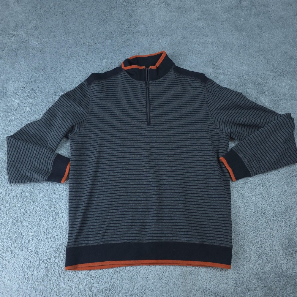Bugatchi Uomo Sweater Mens Large Gray Striped 1/4 Zip Mock Neck Cotton Cashmere